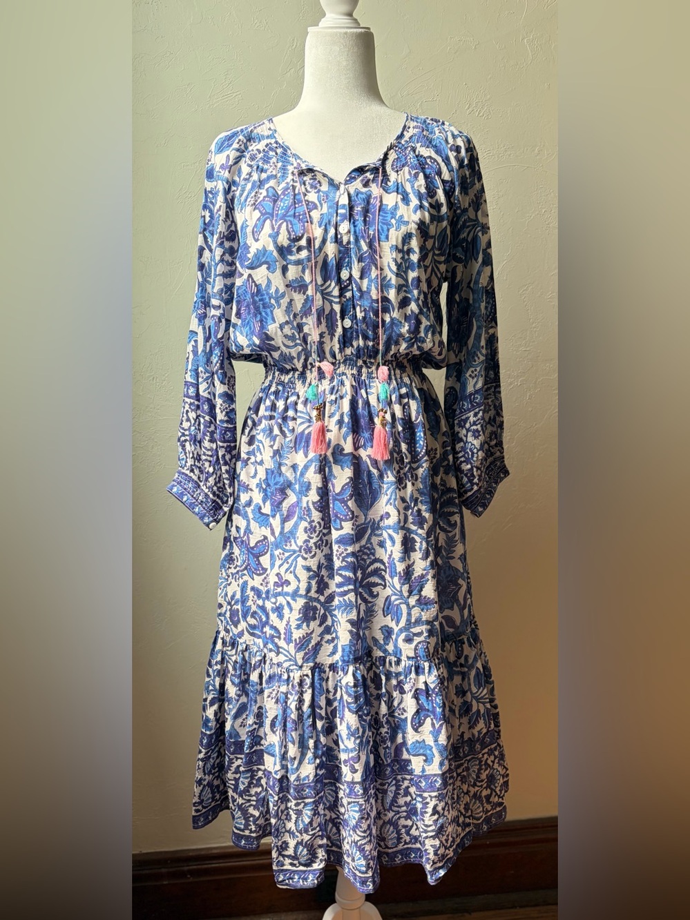 BELL by Alicia Bell Blue White Floral Cotton Silk Tassel Hamsa Dress M
